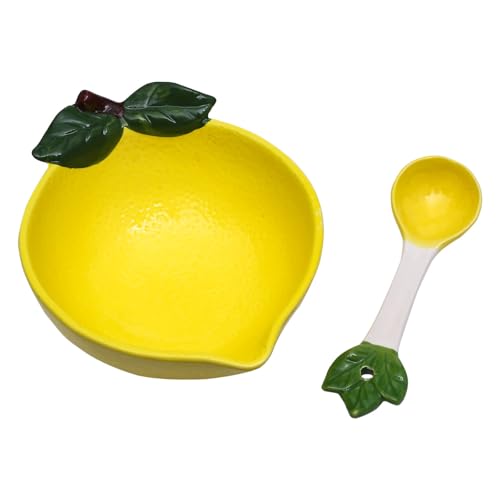 Dalekana Ceramic Lemon Shape Dessert Bowl 11.8oz., Creative Handmade Small Bowl with Spoon for Appetizer, Snacks, Salads, Yogurt, Side Dishes, 6.1" L x 4.9" W x 2.7" H