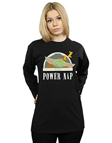 Absolute Cult Star Wars Women's The Mandalorian Power Nap Child Boyfriend Fit Long Sleeved T-Shirt Black Small