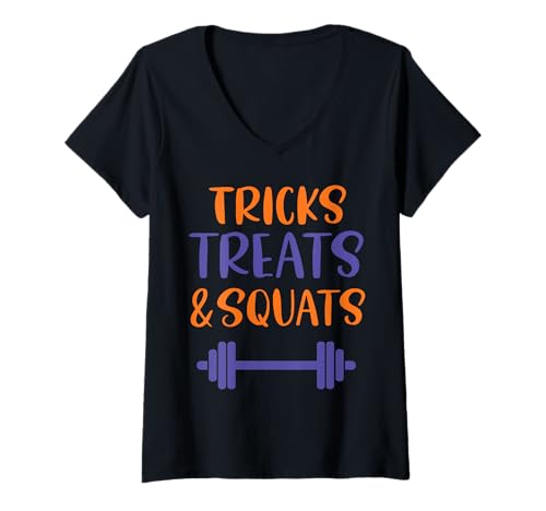 Womens Tricks Treats and Squats Funny Halloween Gym Workout V-Neck T-Shirt