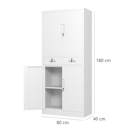 JINGUR Metal Storage Cupboard with Locking Doors and 2 Drawers, Lockable Steel Storage Cabinets with Adjustable Shelves for Home Office Garage Kitchen Pantry (White)