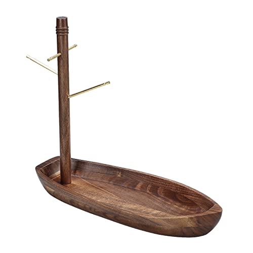 C-Joy Wood Tabletop Key Holder , Brass Metal Hooks & Storage Tray,Organizer Hanging Stand For Entryway,Office More (Walnut), 11.7''Lx4.72''Wx10.6H'' Inches #TOP2