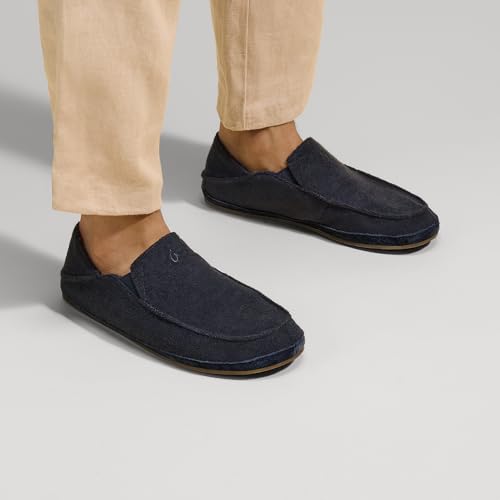 Image of OluKai Moloa Hulu Men's Wool-Blend Slippers, Soft & Heathered Knit Slip On Shoes, Suede Leather Foxing, Drop-In Heel Design