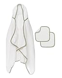 Lalo The Hooded Towel & Washcloth Set, 100% Organic Cotton, Soft on Sensitive Skin, Durable & Absorbent, Machine Washable, Includes One Baby Towel and Two Washcloths - Sage