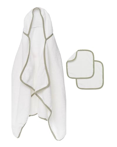 Lalo The Hooded Towel & Washcloth Set, 100% Organic Cotton, Soft on Sensitive Skin, Durable & Absorbent, Machine Washable, Includes One Baby Towel and Two Washcloths - Sage