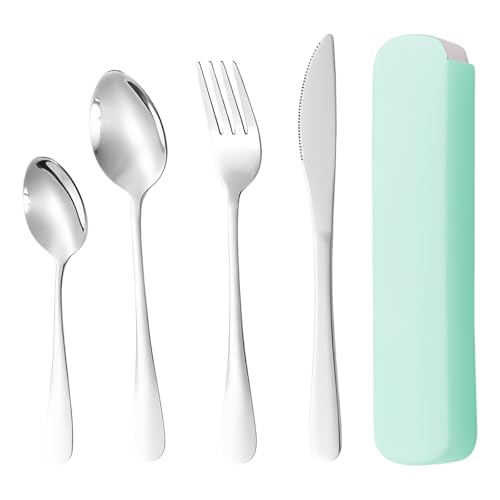 4 Pcs Reusable Stainless Steel Flatware Set with Case - Portable Cutlery for Outdoor Picnic Lunch