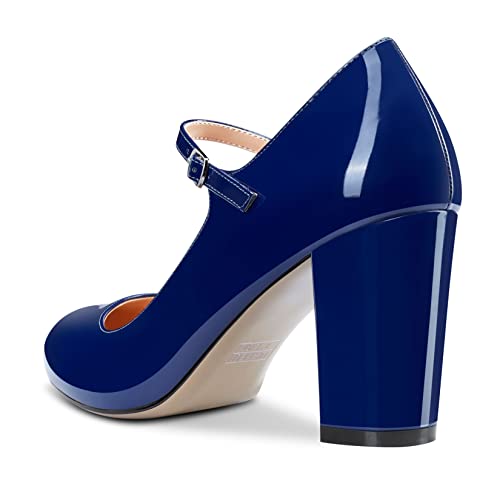 Saekcted Women Chunky Heel Pumps Mary Jane High Heels Round-Toe Shoes Dinner Wedding Pump 3Inch Block Heels3