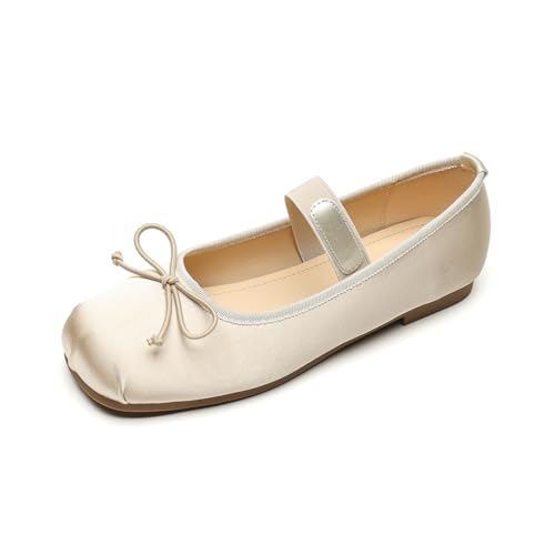 Satin Ballet Flats for Women Square Toe Comfy Flats Slip on Bowknot Shoes for Women Dressy Bow Shoes with Elastic Strap