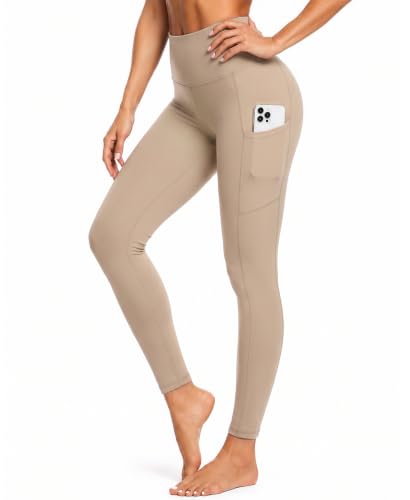 BLUEENJOY Leggings with Pockets for Women, High Waisted Leggings Tummy Control Buttery Soft Non See Through Workout Yoga Pants Khaki