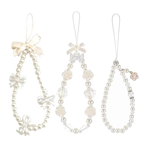 HIZEMLK 3PCS Pearl Bow Knot Beaded Phone Charm, White Butterfly Lanyards, Rose Flower Wrist Strap, Y2k Beaded Camera Wrist Strap, Aesthetic Charms for Phone Case for Women