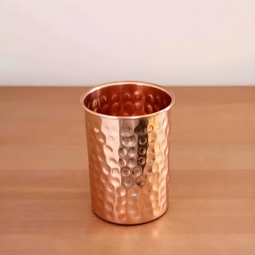 Image of 100% Pure Copper Hammered Tumbler Set of 6 (300ml Each) | Handmade Ayurvedic Copper Water Glasses | Traditional Tamba Drinking Glasses for Home & Kitchen