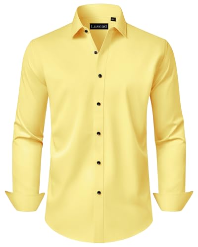 Lusead Dress Shirt for Men Yellow Slim Fit Long Sleeve Wrinkle Free Stretch Business Casual Wedding Button Up Shirts