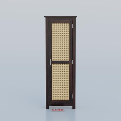 Image of Solid Sheesham Wood Wardrobe with Cane Panel Door | Single Door Wooden Storage Cabinet | Modern Tall Cupboard for Bedroom & Living Room (Walnut Finish)
