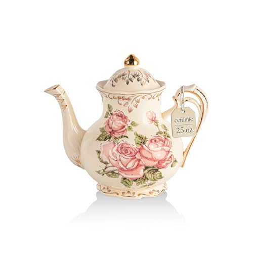 YOLIFE Small Pink Rose Teapot with Gold Trim