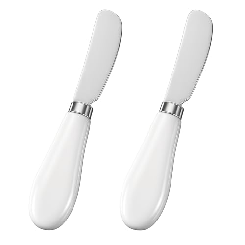 Thinp 2 Pcs Butter Knife Stainless Steel Butter Spreader Knives with Porcelain Handles Cheese Spreader Knife Multipurpose Sandwich Spreaders for Spreading Jam Pastry Cheese (White & Silver)