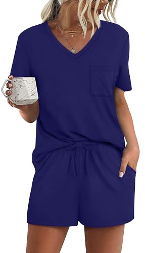 Image of RUBZOOF Women's Short Sleeve Pajama Sets with Pockets Casual V Neck 2 Piece Lounge Sets S-3XL