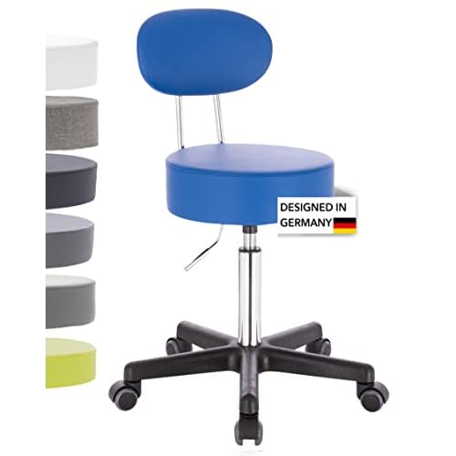 1stuff® Profi Rollhocker Bürohocker mit Lehne - Squash BACKLIKE -bis 180kg getestet* -bis 72cm -Rollen gebremst - Drehhocker Arzthocker Arbeitshocker Praxishocker (blau)