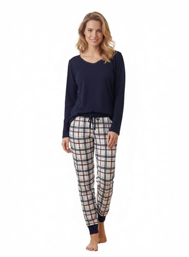 Good Deal Market Langer Damen-Pyjama Damen Nachtwäsche lang Rundhalsauschnitt Highlight Langarm Schlafanzug Navy mit Karierter Hose Gr. 44/46 Baumwolle 100% Schlafanzug mit Knöpfen