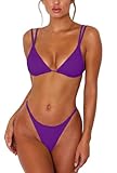 Women Sexy Brazilian Bikini 2 Piece Adjustable Spaghetti Strap Top Thong Swimsuit Bathing Suit Dark Purple S
