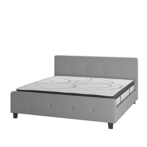 Flash Furniture Tribeca King Size Tufted Upholstered Platform Bed In Light Gray Fabric With 10 Inch Certipur-Us Certified Pocket Spring Mattress #TOP12
