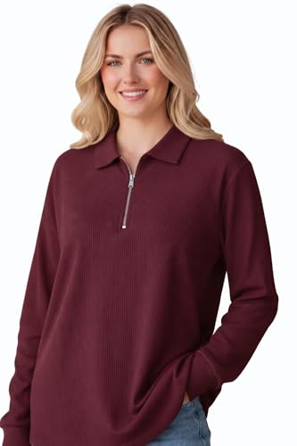 Image of Mack Jonney Women's Ribbed Zip Polo T-Shirt | Full Sleeve Collared Top | Camel Beige Casual Sweatshirt | Regular Fit-M7403