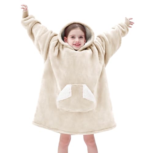 Touchat Wearable Blanket Hoodie, Oversized Sherpa Blanket Sweatshirt with Hood Pocket and Sleeves, Super Soft Warm Plush Hooded Blanket for Kids, One Size Fits All (Beige) by Touchat - Image 8