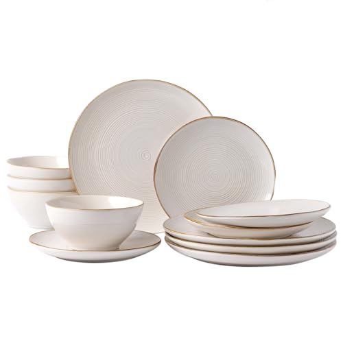 famiware Plates and Bowls Sets for 4, 12 Pieces Stoneware Dinnerware Sets, Dishes Set, Reactive Glaze Dishware Sets, Dishwasher & Microwave Safe, Tempus Series - Antique White