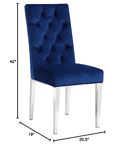Meridian Furniture Juno Collection Modern | Contemporary Velvet Dining Chair With Luxurious Deep Tufting And Polished Chrome Metal Legs, Set Of 2, 19" W X 25" D X 36.5" H, Navy #TOP19