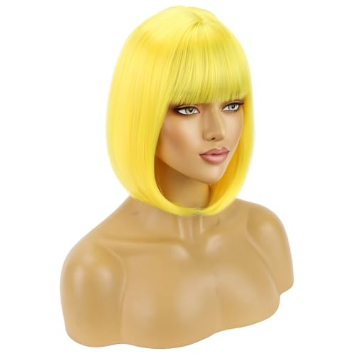 BERON Yellow Bob Wigs Womens Short Straight Hair Wig with Bangs Girls Yellow Colored Synthetic Cosplay or Daily Use Wigs Wig Cap Include