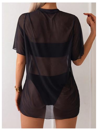 WDIRARA Women's Skeleton Sheer Mesh See Through Short Sleeve Swimsuit Cover Up Tops2