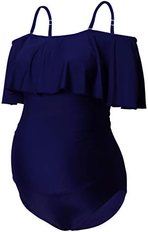 Maternity Swimsuit One Piece Bathing Suit Off Shoulder Flouncing Bikinis Tankini Beachwear Navy Blue M