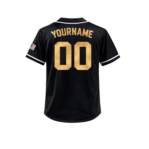 Camiseta de béisbol patriótica USA negra y dorada con nombre y número personalizados, camiseta deportiva con bandera americana y botones miniatura 3