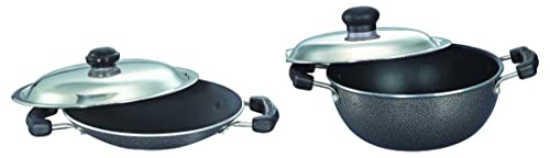 Image of Prestige Aluminium Omega Select Plus Non-Stick Flat Base Kadhai with Lid, 20cm, 2.2 Liters & Omega Select Plus Aluminium Residue Free Non-Stick Appachetty with Lid, 20 cm