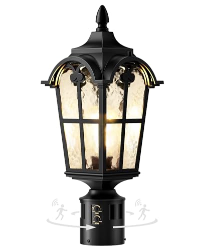 Slypadan Motion Sensor Outdoor Post Lights,17.7" Dusk to Dawn Lamp Post Light Fixture, 360°Detection 3 Lighting Modes Outdoor Lighting,Waterproof Aluminum Pole Lantern for Yard Patio Pathway Garden