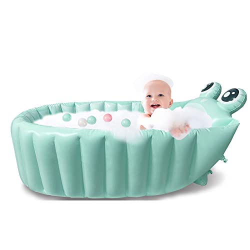 Inflatable Baby Bath Tub Portable Foldable Travel Mini Swimming Pool Helps Infants to Toddler Tub Non Slip Travel Bathtub with Air Pump, Green