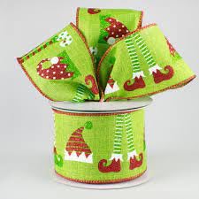 Elf Hats & Legs Christmas Wired Edge Ribbon - 2.5 Inches x 10 Yards (Fresh Green)
