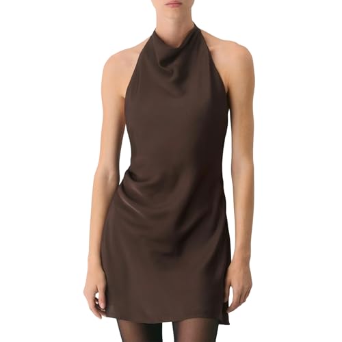 Maohao Womens Satin Halter Neck Mini Dress Sleeveless Sexy Cocktail Party Open Back Dress Summer Beach Formal Club Outfits(Brown,M)