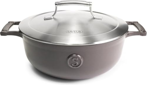SAVEUR SELECTS Enameled Cast Iron 3-1/2-Quart Saucier with Stainless Steel Lid, Rabbit Grey, Voyage Series