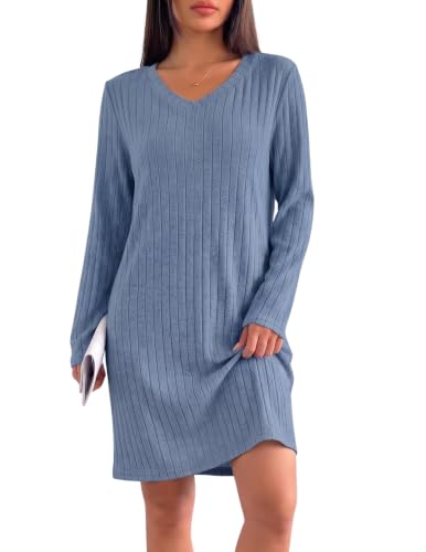 Ekouaer Long Sleeve Nightgowns for Women V Neck Ribbed Knit Sleepwear S-3XL