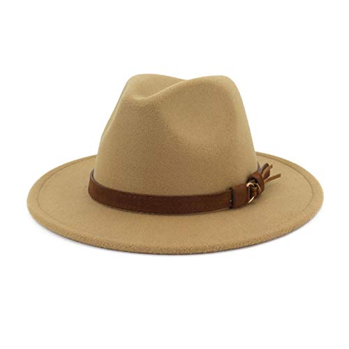 Lisianthus Men & Women Vintage Wide Brim Fedora Hat with Belt Buckle A-Camel 56-58cm