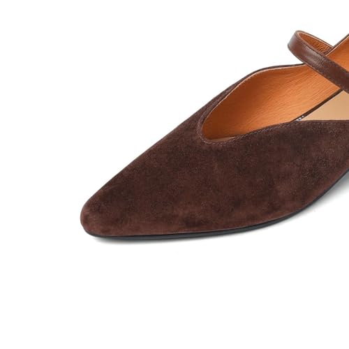 TinaCus Women's Suede Leather Pointed Toe Irregular Opening Chunky Heel Handmade Mary Jane Shoes2