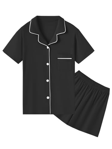 QZH.DUAO 100% Cotton Pajamas Set, Girls PJs Button Down Short Sleeve Sleepwear Nightwear Loungewear, Black, 13-14 Years