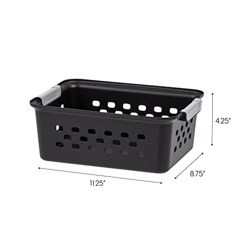 IRIS USA Plastic Storage Baskets, 12-Pack, Made in USA, Shelf Baskets Small Baskets Organizing Bins For Pantry Countertops Closet Shelves Office, Muti-Purpose, Nestable, Easy Carry, Black