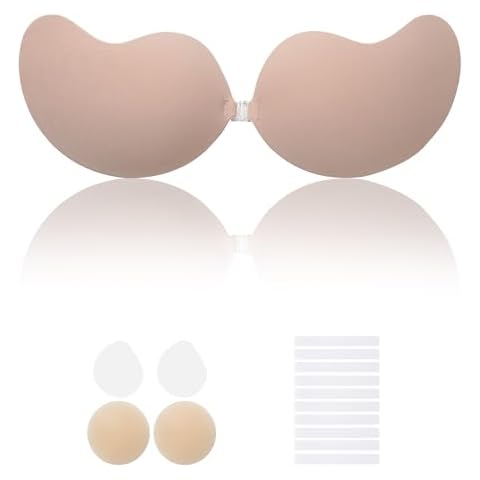 Lolaura Invisible Sticky Bra for Women - Strapless Adhesive Bra, Lycra Style, Seamless Push up Lightweight, Perfect for Backless Dresses, Reusable & Washable, with 1 Pair 3inch Nipple Cover, Nude Cover
