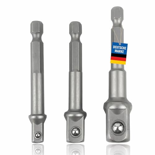 Pitlane Performance® Stecknuss-Adapter Set 3-teilig – 1/4', 3/8', 1/2' Vierkant auf Sechskantschaft – Cr-V Chrom-Vanadium Stahl – Für Akku-Bohrschrauber, Bohrmaschinen & Treiber – Max. Drehmoment 72Nm