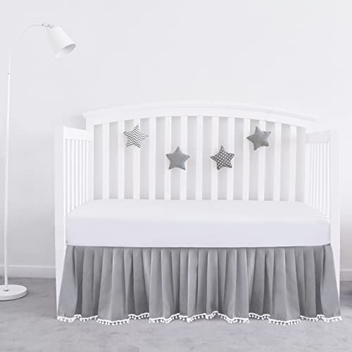 Image of Crib Bed Skirt Grey Pleated with White Lovely Pompoms, Bedding Dust Ruffle for Boys, 14" Drop, Fit All Standard Crib Bed, Machine Wahable Crib Skirt