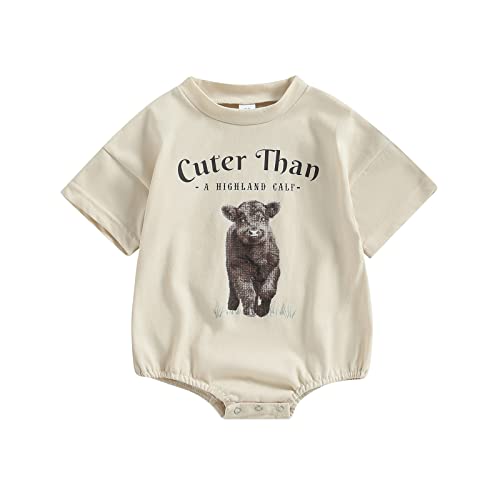 Image of HnuanLui Newborn Baby Boy Girl Western Clothes Cow Print Short Sleeve T Shirt Romper Onesie Oversized Bubble Bodysuit Outfits (Khaki, 3-6 Months)