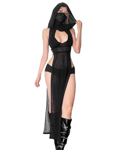 Oludkeph Damen High Split Hooded Rave Outfits Goth Devil Cosplay Kostüm Sheer Transparent Dessous Kleid (Schwarz, Medium)