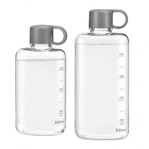 HEMOTON 2 Stück Flache Trinkflasche für Tasche & Rucksack Eckige Wasserflasche Flach Auslaufsicher mit Griff BPA-Frei Tritan Reise Trinkflasche Klein für Büro Sport Schule Grau 360ml/500ml