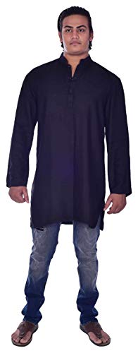 Lakkar Haveli Men's Indian Tunic Shirt Kurta Solid Black Color 100% Cotton Big Tall - L