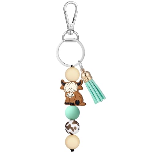 Tondiamo Christmas Highland Cow Keychain Highland Cow Party Favors Cute Gifts Animal Keychains with Tassel for Women Men Gift(Mint Green,1 Pcs)